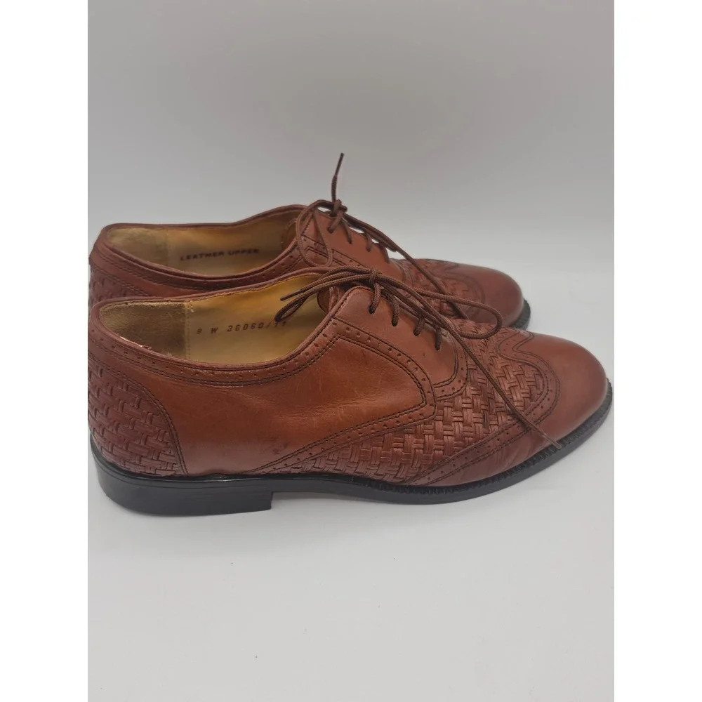 Stanley Blacker Mens 8 W Woven Leather Wingtip Oxford Shoes Tan Brown Italy